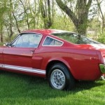 A red and white mustang is parked in the grass.