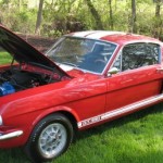 A red ford mustang is parked in the grass.