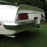 The rear end of a white muscle car parked in the grass.